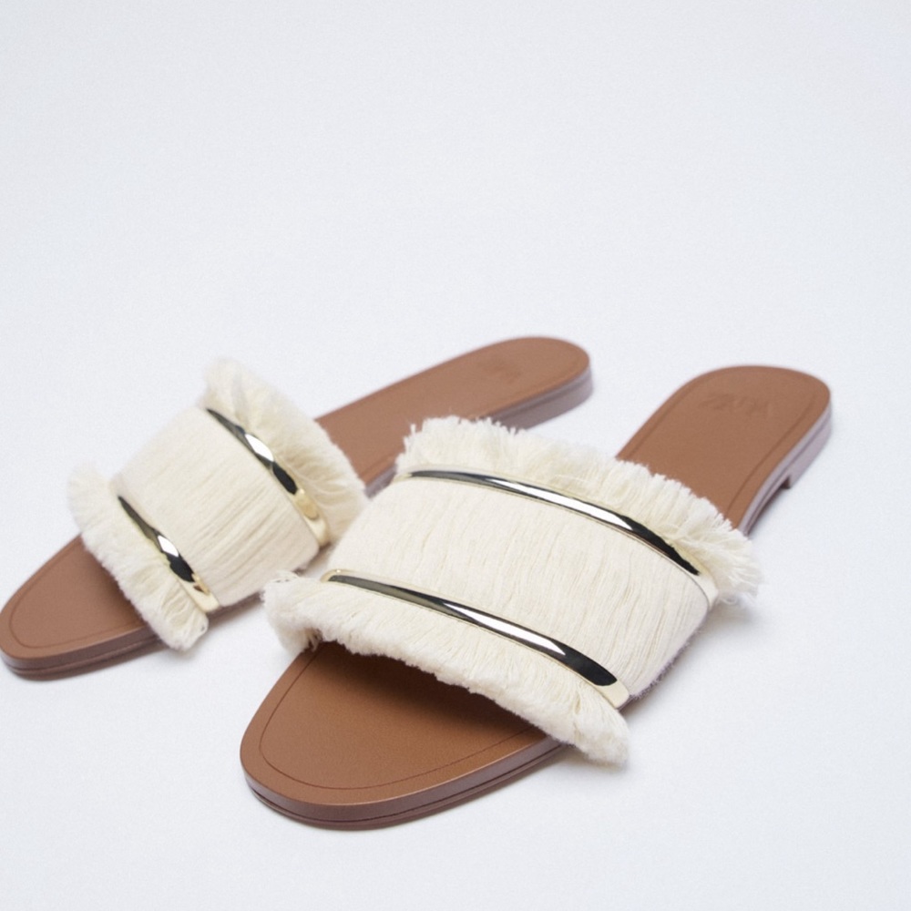 Zara Flat Sandals Fringe White Size 8